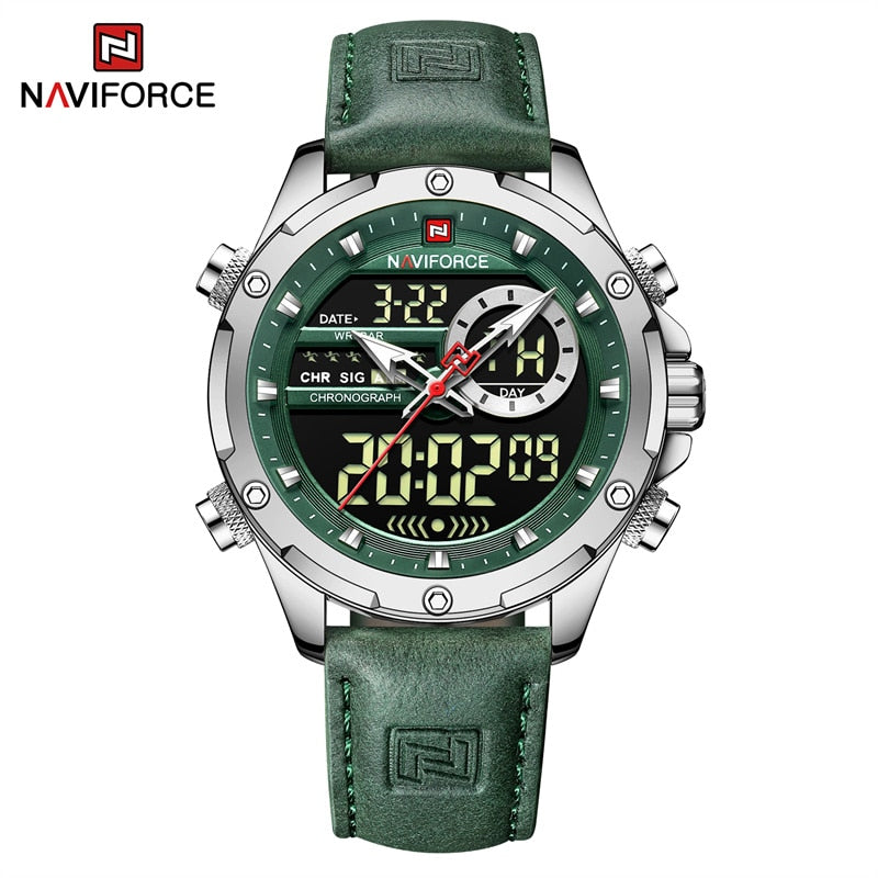 NAVIFORCE Luxury Gold Watches For Men Casual Sports Chronograph Alarm Quartz Wrist Watch Leather Waterproof Digital Clock 9163