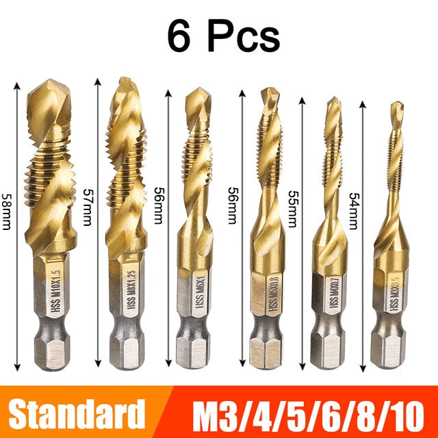 6Pcs M3-M10 Hex Shank Titanium Plated HSS Screw Thread Metric Tap Drill Bits Screw Machine Compound Thread Hand Tools