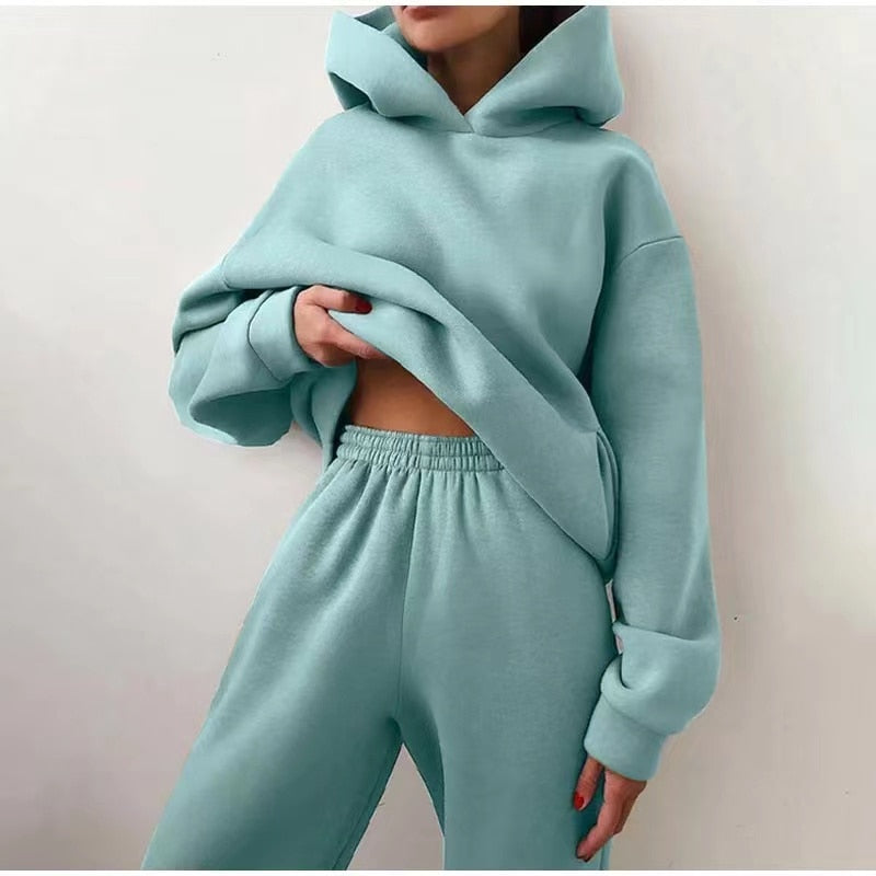 Winter Two Piece Sets Women Tracksuit Oversized Suit 2021 Autumn Trouser Suits Female Sweatshirt Solid Sports Hoodie Sportswear