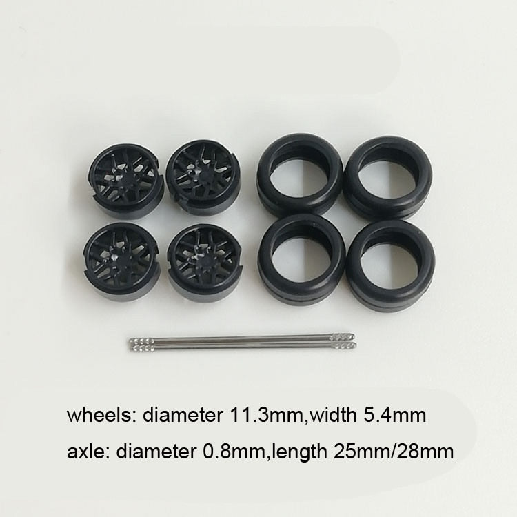 4PCS 1/64 Scale Alloy Car Model 5.2mm/11mm Size Rubber Tires + Wheels + Axles for Modified 1:64 Matchbox/Domeka/HW Model Cars