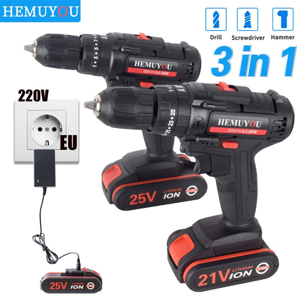 Electric Cordless Screwdriver Impact Drill 3 Functions Wireless  Mini Lithium Battery Charging Hand Drill 21V 25V