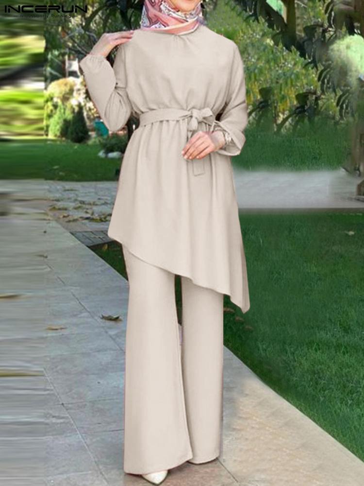 Women Autumn Blouses ZANZEA Fashion Muslim Sets Long Sleeve Turkish Blouses Pants Abaya Solid Islamic Clothing 2PCS Oversized