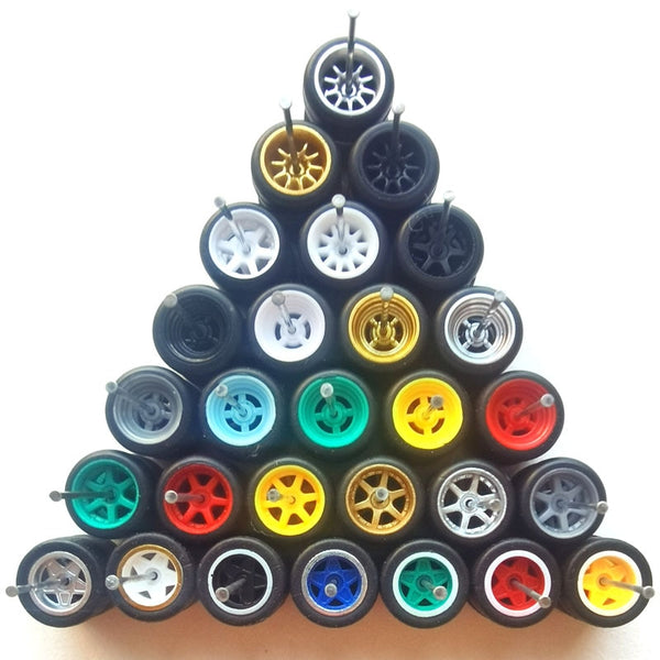 4PCS 1/64 Scale Alloy Car Model 5.2mm/11mm Size Rubber Tires + Wheels + Axles for Modified 1:64 Matchbox/Domeka/HW Model Cars