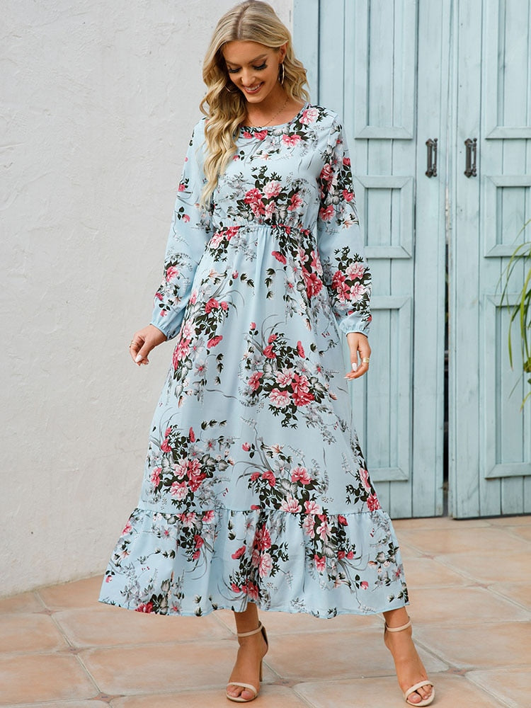 Women Elegant Floral Printed Long Dresses Spring Summer Casual O Neck Long Sleeve Ladies Chic High Waist A Line Beach Dresses