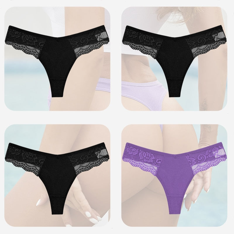 4PCS/Set Sexy Women Cotton Panties Lace Thong Underwear for Female Intimates Lingerie T-Back Floral Hollow Out Plus Size Panties