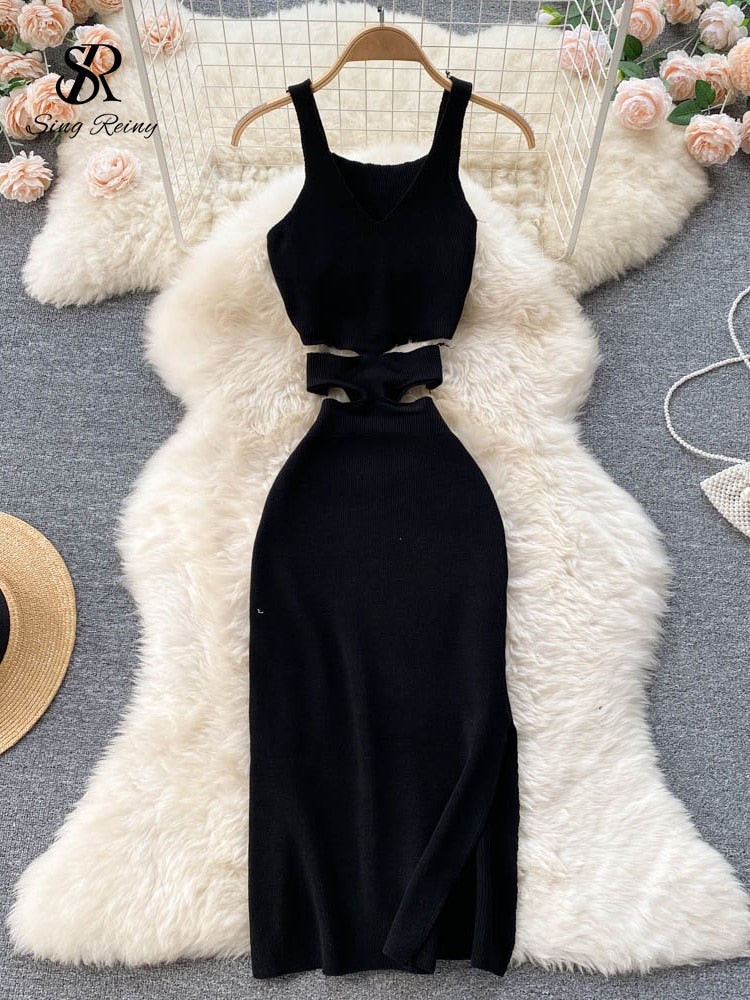 SINGREINY Summer Knit Sexy Strap Dress Women Hollow Out Elatic Waist Bodycon Sundress Female Beach Split Backless Long Dress
