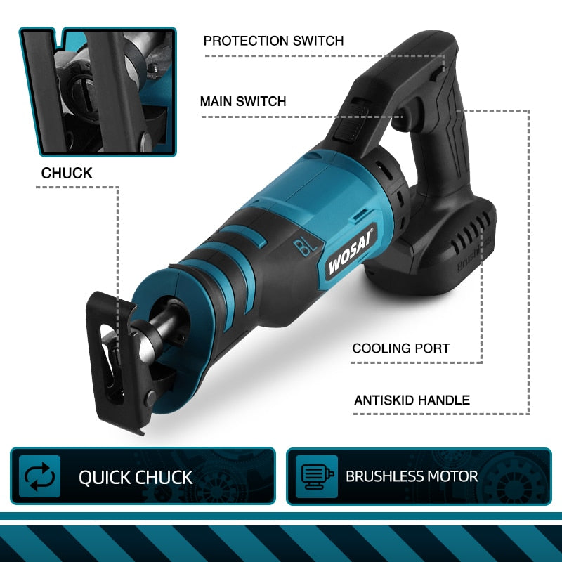 WOSAI 20V Brushless Electric Reciprocating Saw Adjustable Three Orientations Modes Cutting Saw Portable Cordless Power Tools