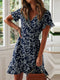 Women Dresses Summer 2022 Sexy V Neck Floral Print Boho Beach Dress Ruffle Short Sleeve A Line Mini Dress Wrap Sundress Robe