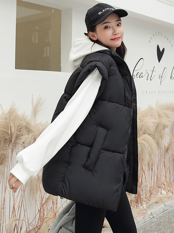 Women Thick Down Cotton Vest Winter Autumn Solid Puffer Waistcoat for Female Stand Collar Loose Sleeveless Vest Jacket Coat