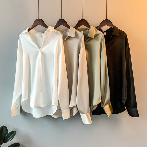 Satin Shirt Womens Clothing Silk Shirts  Vintage Blouse Office Lady Sheer Top Longsleeve Dress Shirt Ladies Overshirt