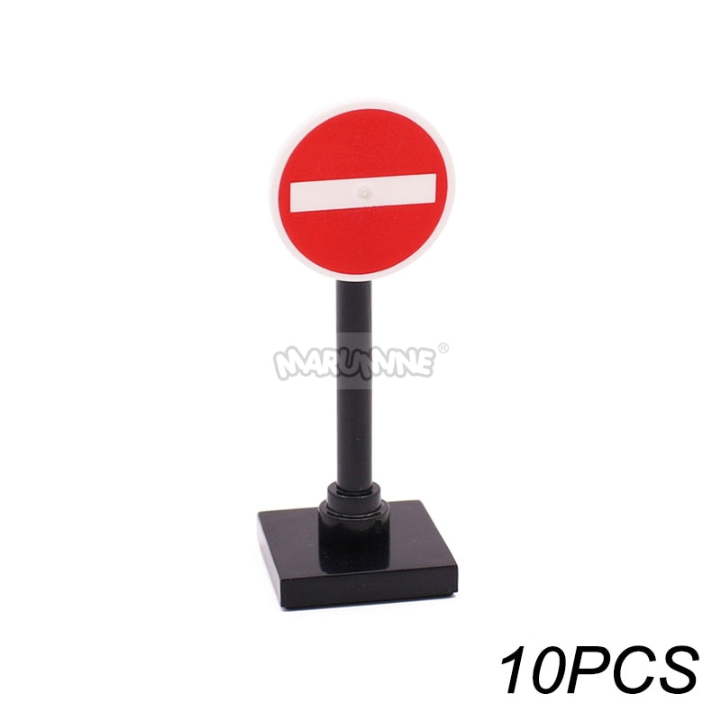 Marumine Traffic Road Sign Light Lamp Block Brick City Street View Accessories Signpost Barrier Speed Limit Indicator Warning