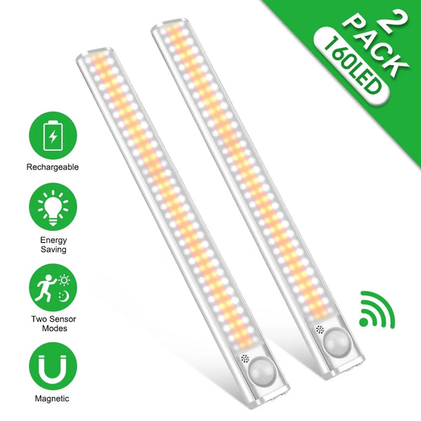 LED Closet Light 160 LEDs Lamp with Motion Sensor Light Kitchen Lighting USB Rechargeable Under Cabinet Lights for Bedroom