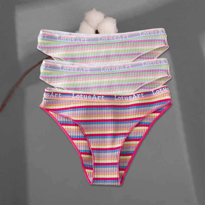 FINETOO 3Pcs/Set Colorful Stripes Panties Women&