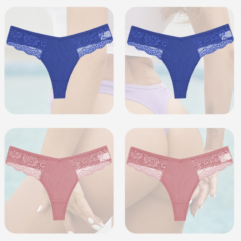 4PCS/Set Sexy Women Cotton Panties Lace Thong Underwear for Female Intimates Lingerie T-Back Floral Hollow Out Plus Size Panties