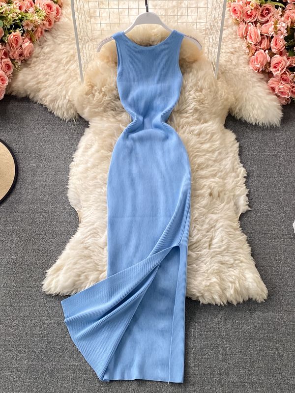 ALPHALMODA 2021 Summer Hollow Out Twisted Back Sleeveless High Slit Sexy Women Knitted Dress Solid Color Feminine Mid-calf Dress