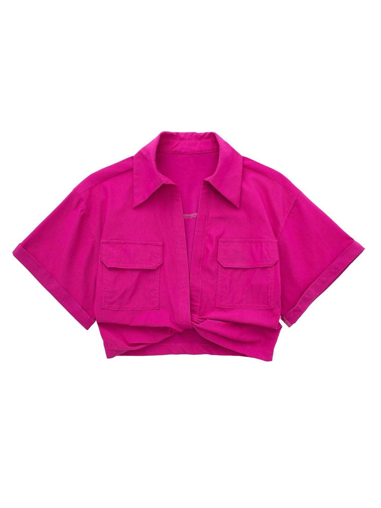 TRAF Women Fashion Front Knot Elastic Linen Cropped Shirts Vintage Short Sleeve Patch Pockets Female Blouses Blusa Chic Tops