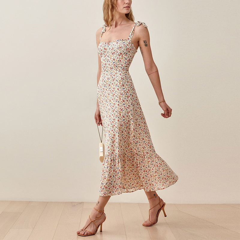 Dresses For Women 2022 Elegant Vintage Floral Dress Frill Sweetheart Neck Sleeveless Strap Tie Ruffle Hem Summer Beach Dress