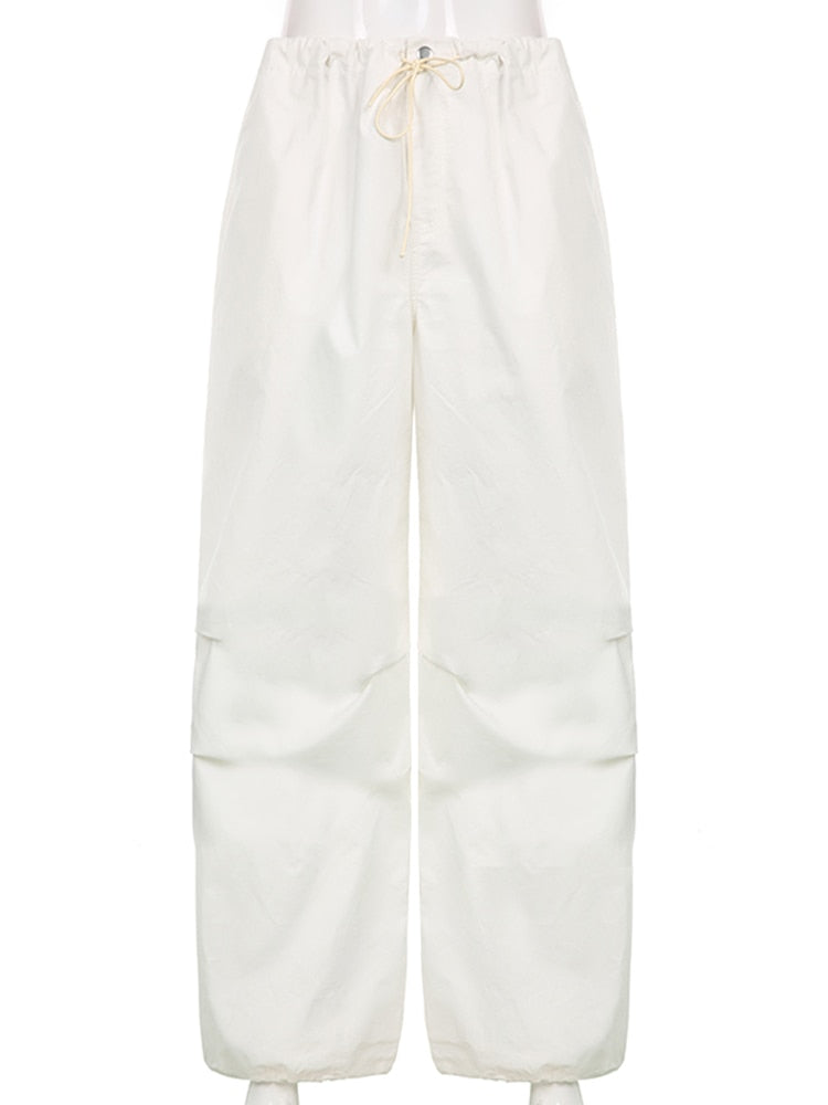 Sweetown Casual Baggy Wide Leg Sweatpants White Loose Drawstring Low Waist Streetwear Cargo Pants Womens Hippie Joggers Trousers