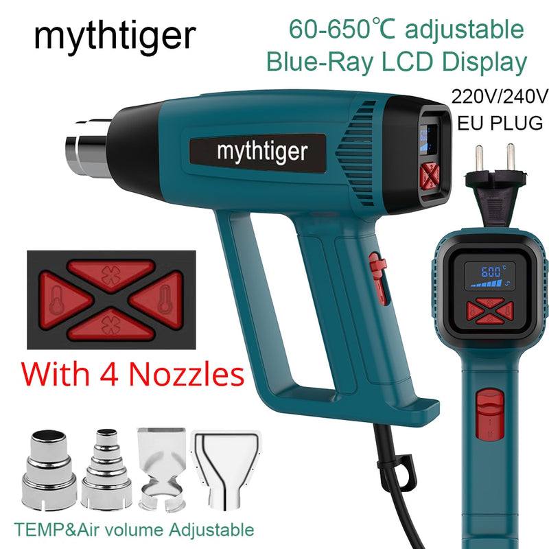LCD Display Heat Gun 2000w Hot Air Gun Tool Handheld Electrical Heat Air Machine with 2-temp Settings 4 Nozzles