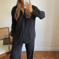 Ladies Shirt Suits Pleated Notched Single-Breasted Female Cardigan Two-Piece Loose Shirts and High-Waist Wide-Leg Pants Sets