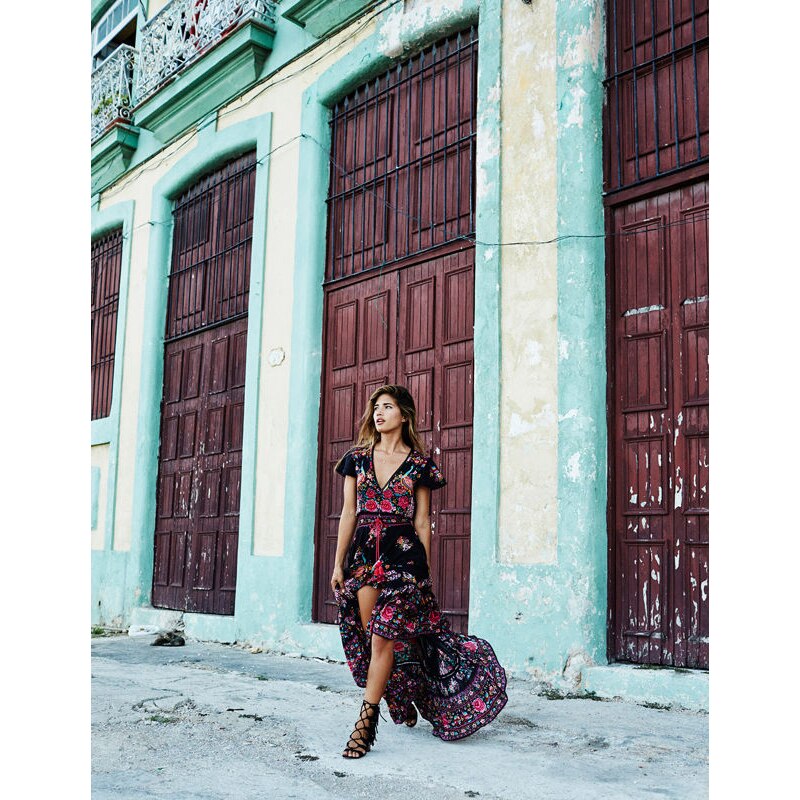 90s Vintage  Boho Fashion Women's Summer V Neck Long Maxi Floral National Chiffon Dress Party Beach Dress Flower Sundress Y2k
