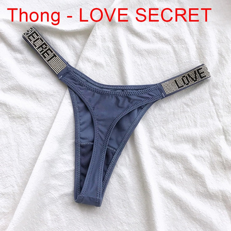 Sexy Women Pantie Crystal Rhinestone Letter Secret Underwear Fitness Gym Love Thongs Low Rise Tanga Female Push Up Lingerie