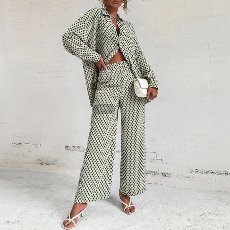 Summer Fashion Printed Loose Long Sleeves Shirts Straight Pants Two Piece Suits New Streetwear Women&