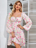 NewAsia Floral Dress Women Lantern Long Sleeve Ruched Print A Line Square Neck Tie up Mini Vestidos Sexy Chic Summer Beach Dress