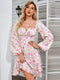 NewAsia Floral Dress Women Lantern Long Sleeve Ruched Print A Line Square Neck Tie up Mini Vestidos Sexy Chic Summer Beach Dress