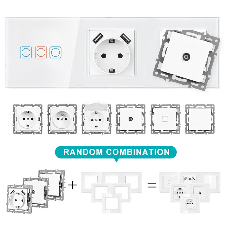 SRAN F6 Series White Crystal Tempered Glass Panel Light switch eu french wall socket usb tv rj45 rj11 Sensor switch Module DIY