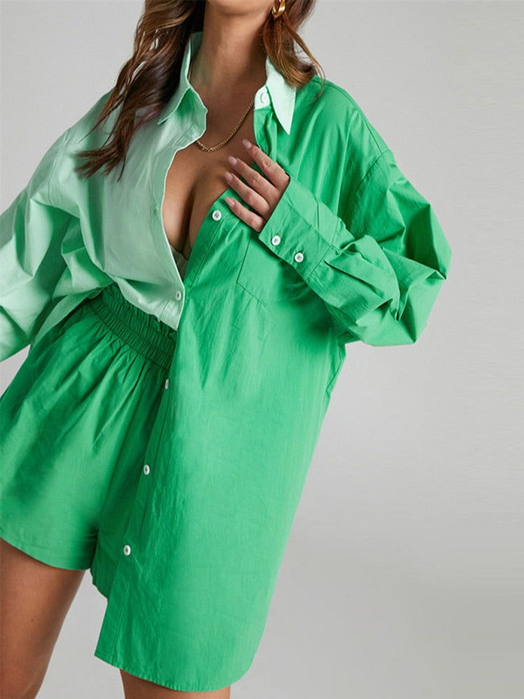 Casual Womem Yellow Lounge Wear Summer Tracksuit Shorts Set Long Sleeve Shirt Tops And Mini Shorts Suit 2021 New Two Piece Set