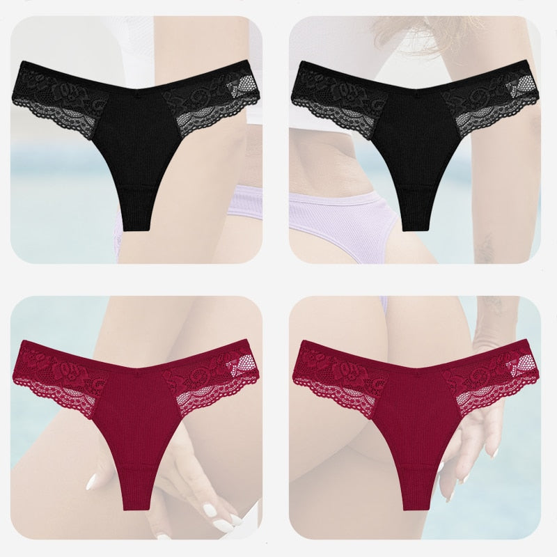 4PCS/Set Sexy Women Cotton Panties Lace Thong Underwear for Female Intimates Lingerie T-Back Floral Hollow Out Plus Size Panties
