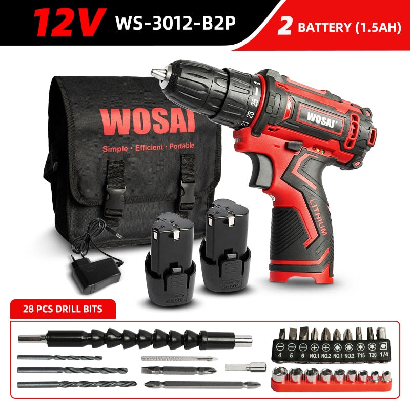 WOSAI 12V Max Electric Screwdriver Cordless Drill Mini Wireless Power Driver DC Lithium-Ion Battery 3/8-Inch 2-Speed