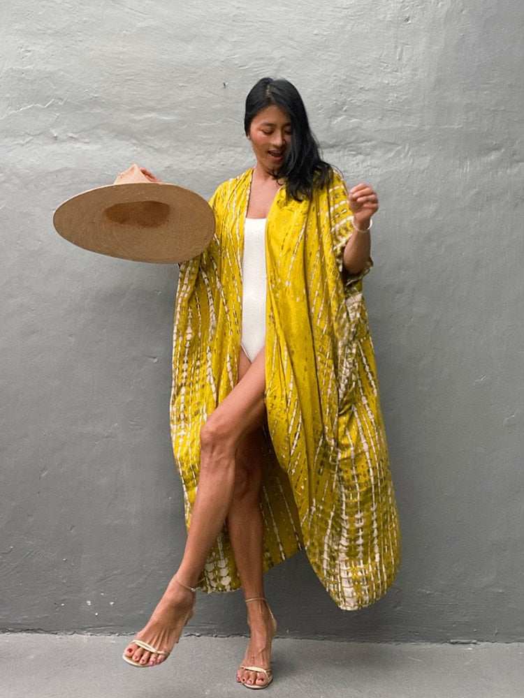 Fitshinling Summer Vintage Kimono Swimwear Halo Dyeing Beach Cover Up With Sashes Oversized Long Cardigan Holiday Sexy Covers