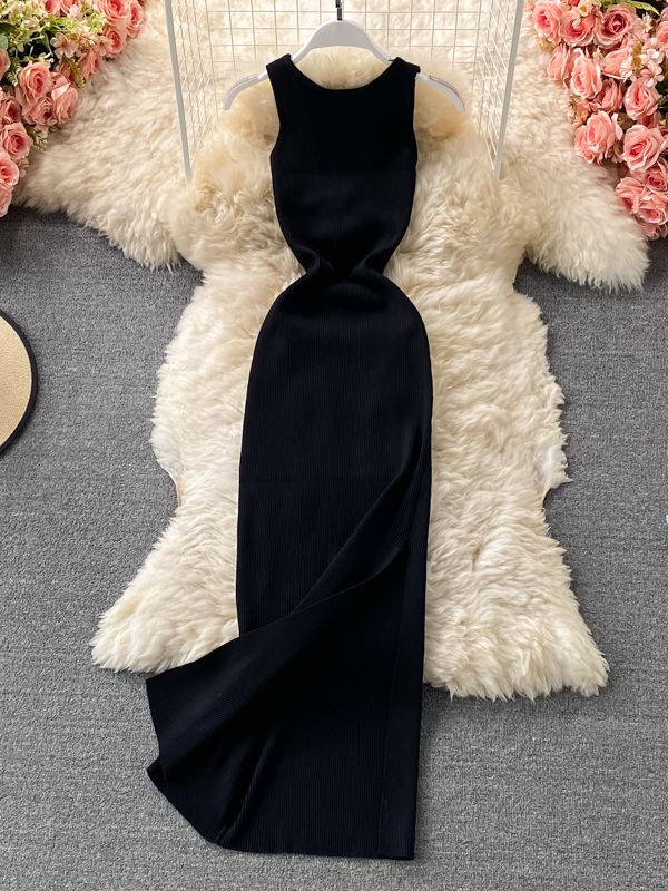 ALPHALMODA 2021 Summer Hollow Out Twisted Back Sleeveless High Slit Sexy Women Knitted Dress Solid Color Feminine Mid-calf Dress