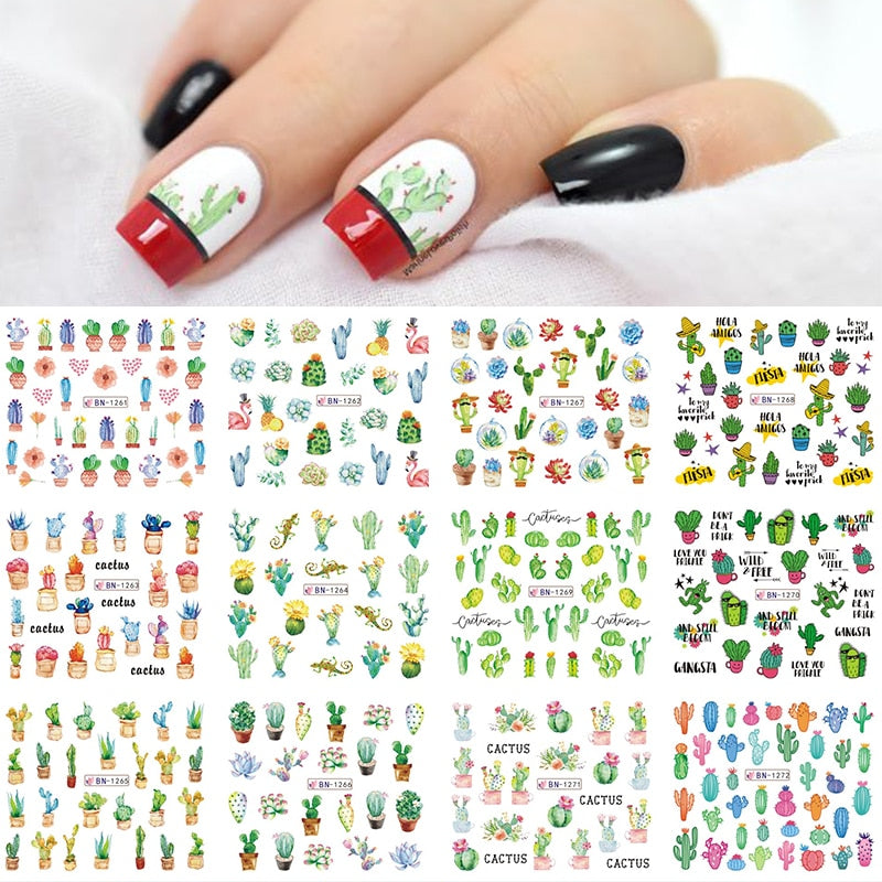 12 Designs Nail Stickers Set Mixed Floral Geometric Nail Art Water Transfer Decals Sliders Flower Leaves Manicures Decoration