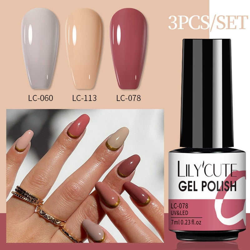 LILYCUTE 3 PCS Gel Nail Polish Set Nude Pink Glitter Sequins Matte Effect Gel Long Lasting Base Top Coat Nail Art Design Hybrid