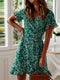 Women Dresses Summer 2022 Sexy V Neck Floral Print Boho Beach Dress Ruffle Short Sleeve A Line Mini Dress Wrap Sundress Robe