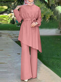 Women Autumn Blouses ZANZEA Fashion Muslim Sets Long Sleeve Turkish Blouses Pants Abaya Solid Islamic Clothing 2PCS Oversized