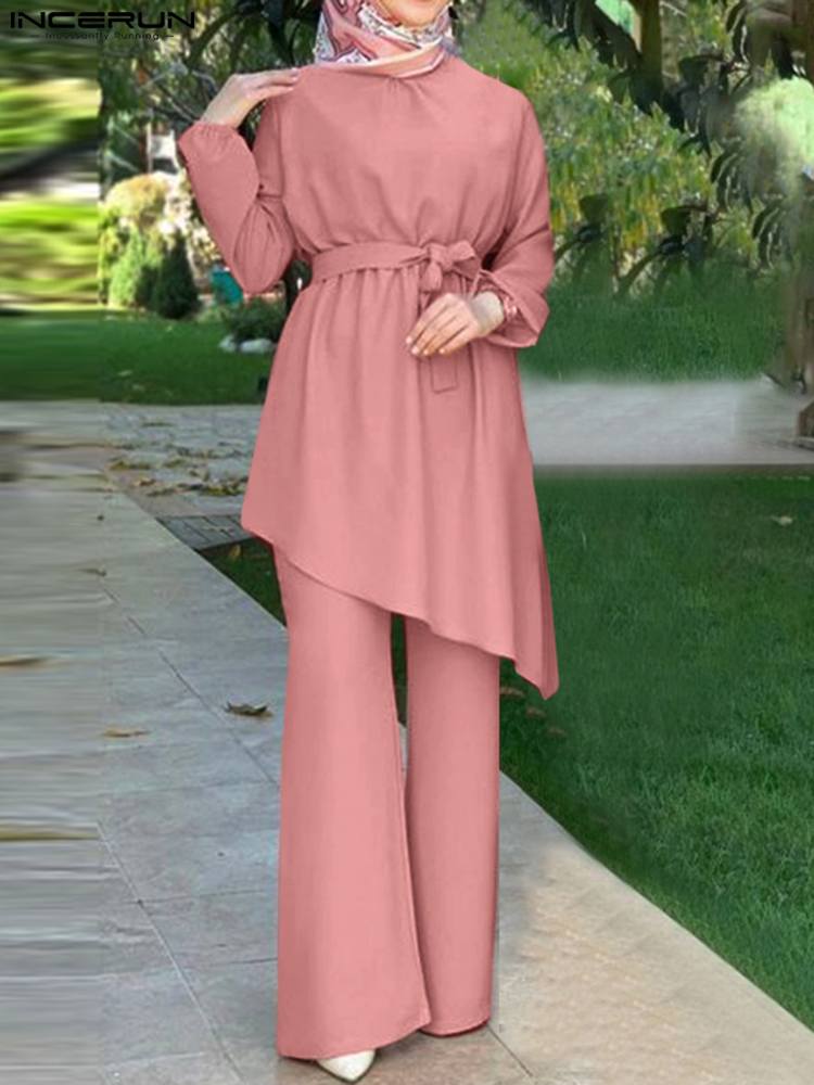 Women Autumn Blouses ZANZEA Fashion Muslim Sets Long Sleeve Turkish Blouses Pants Abaya Solid Islamic Clothing 2PCS Oversized
