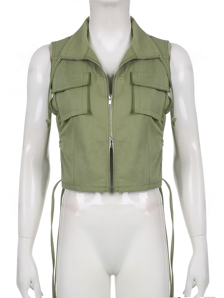 Sweetown Pockets Cargo Jacket Vest Female Stitching Shirring Drawstring Y2K Waistcoat Zip Up Casual Streetwear Corset Tanks