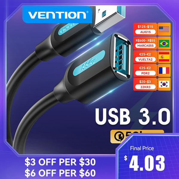 Vention USB 3.0 Extension Cable USB 3.0 2.0 Cable Extender Data Cord for PC Smart TV Xbox One SSD Fast Speed USB Cable Extension