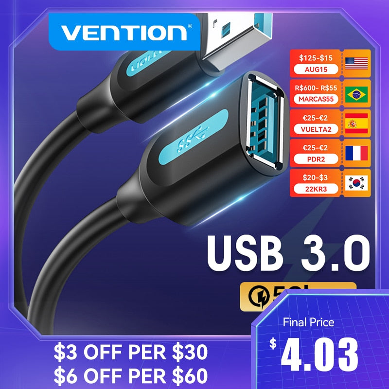 Vention USB 3.0 Extension Cable USB 3.0 2.0 Cable Extender Data Cord for PC Smart TV Xbox One SSD Fast Speed USB Cable Extension