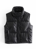 TRAF Women 2021 Fashion Leather Cotton Pocket Padded Waistcoat Vintage Sleeveless Female Outerwear Streetwear