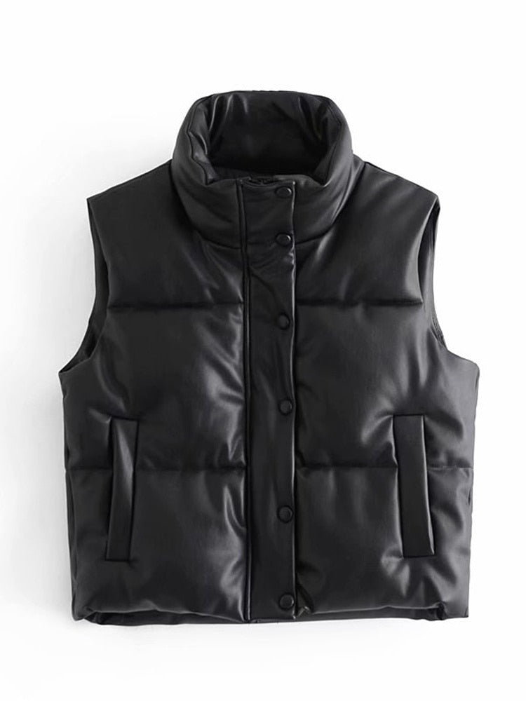 TRAF Women 2021 Fashion Leather Cotton Pocket Padded Waistcoat Vintage Sleeveless Female Outerwear Streetwear