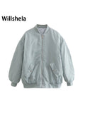 Willshela Women Fashion Oversized Bomber Jackets Coat With Pockets Front Zipper Vintage O-Neck Long Sleeves Female Chic Outwears