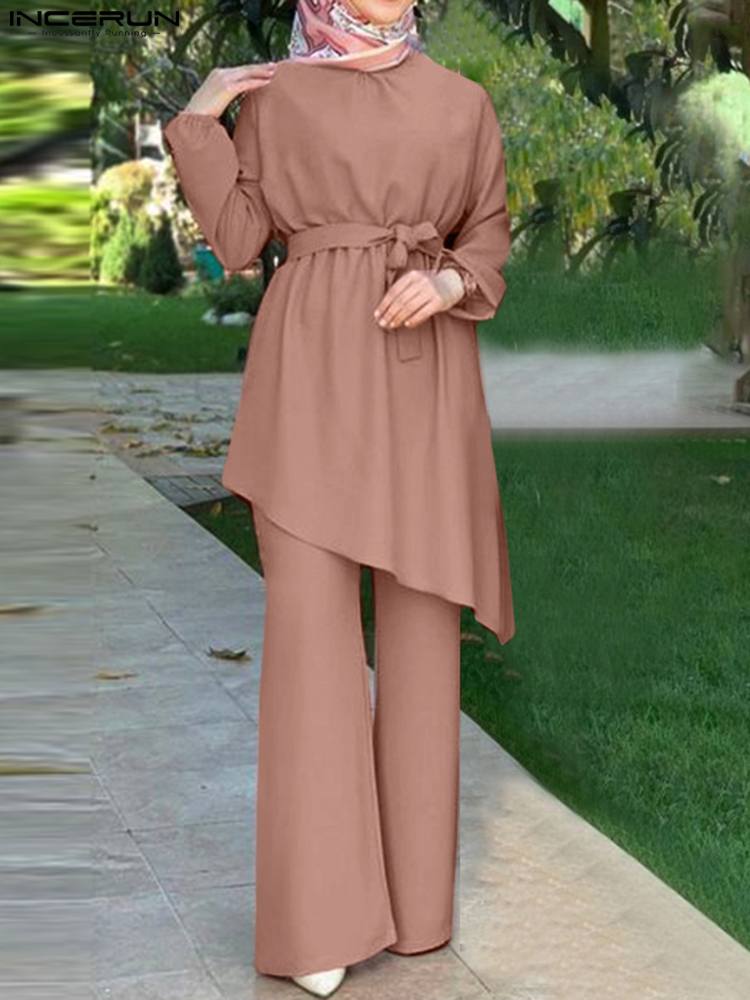 Women Autumn Blouses ZANZEA Fashion Muslim Sets Long Sleeve Turkish Blouses Pants Abaya Solid Islamic Clothing 2PCS Oversized