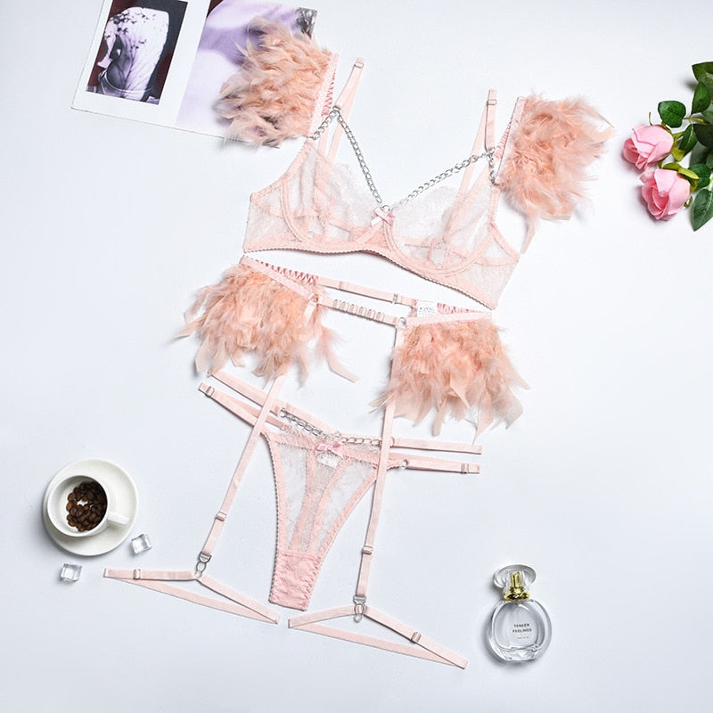 MeiKeDaiNicey Feather Sensual Lingerie Sexy Transparent Lace Bra with Chain Exotic Sets Porn 3 Piece Set Garters Erotic Costumes