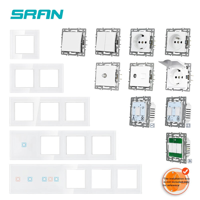 SRAN F6 Series White Crystal Tempered Glass Panel Light switch eu french wall socket usb tv rj45 rj11 Sensor switch Module DIY