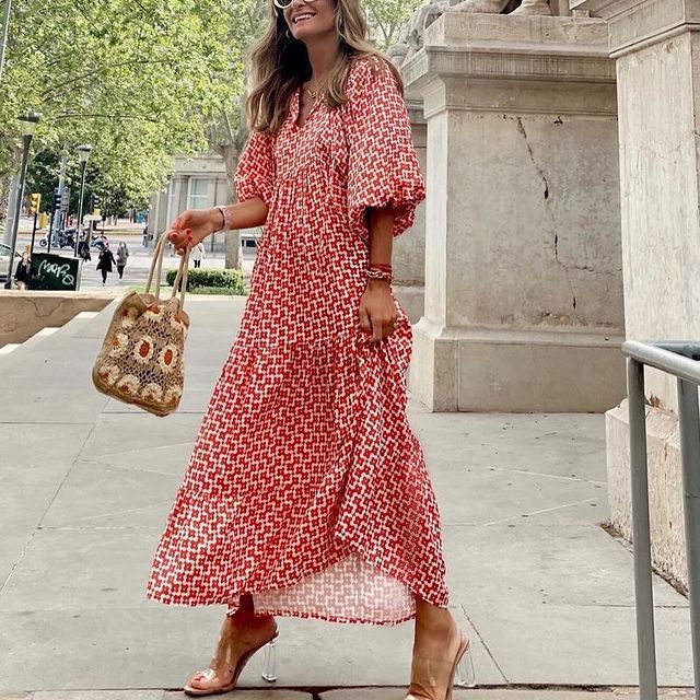 Summer Puff Sleeve Long Dress Women Geometric Print Splicing Half Sleeve Dress Elegant V-Neck Loose Holiday Beach Dress Vestidos